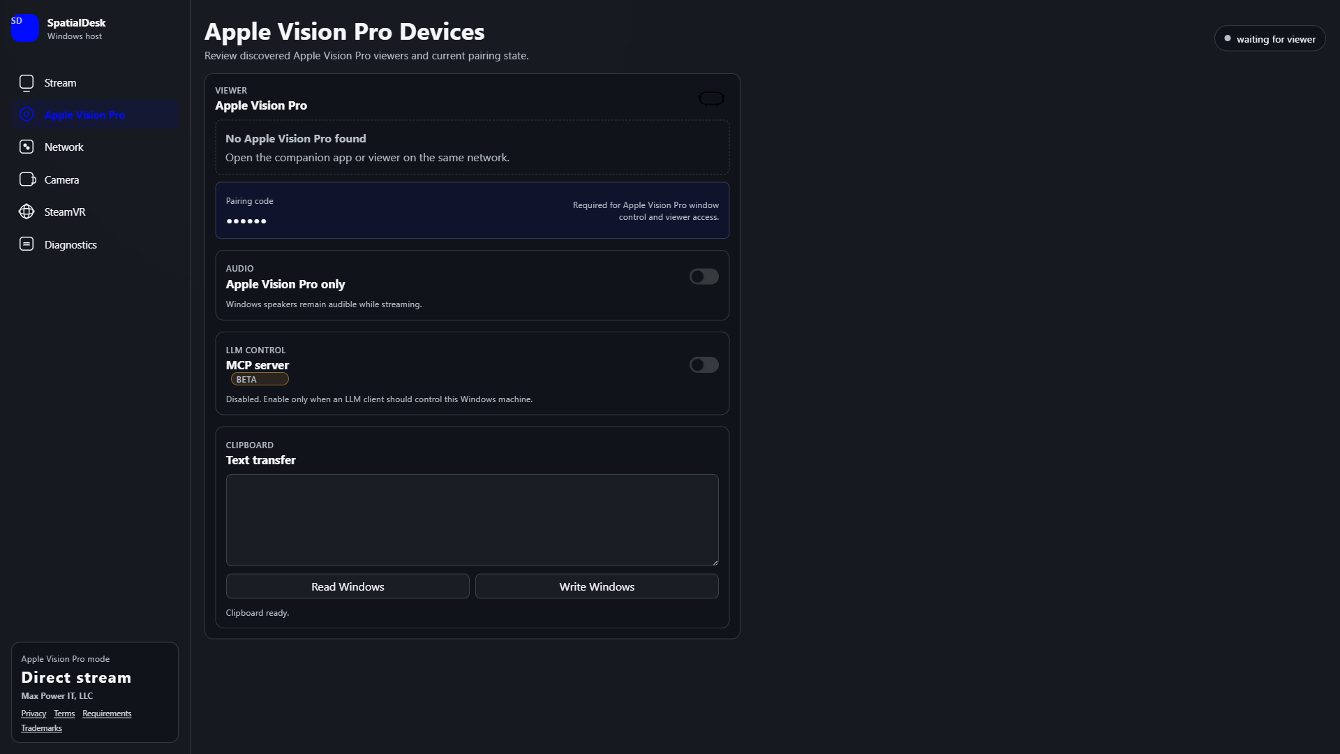 SpatialDesk Windows host pairing screen